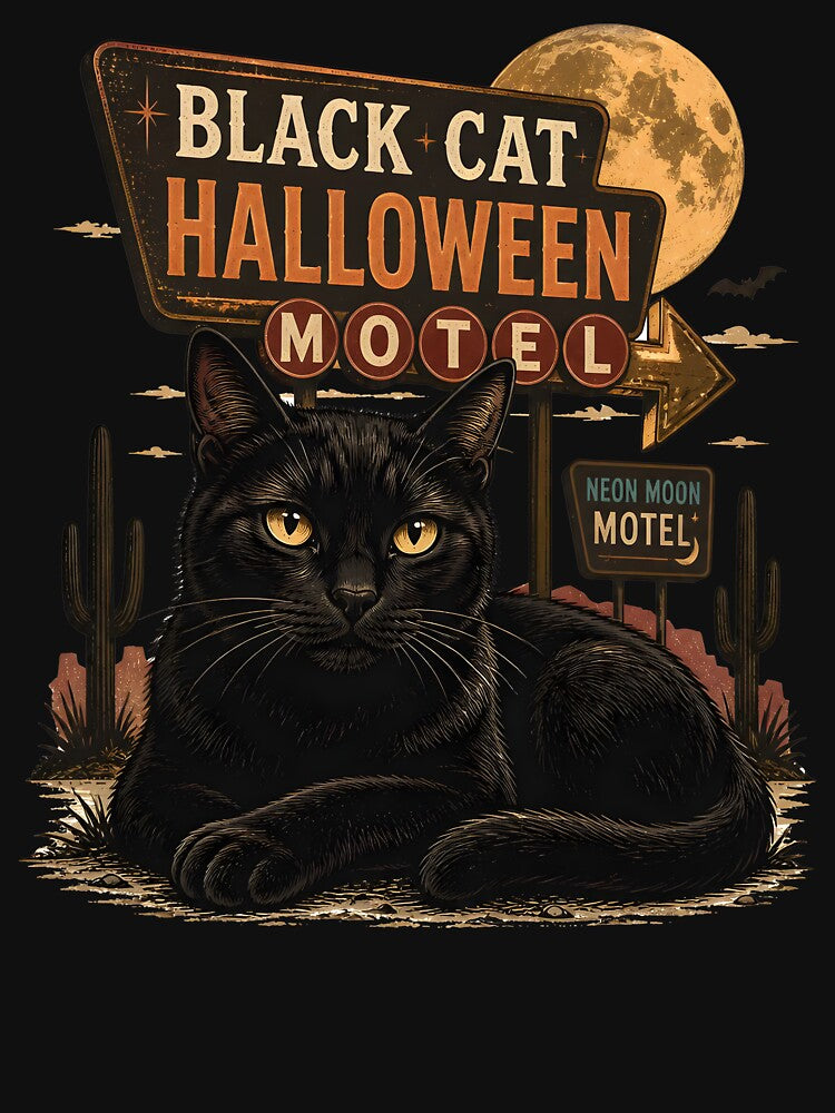 BLACK CAT HALLOWEEN MOTEL Late Checkout Halloween Gothic Engraving by KristenosNehk