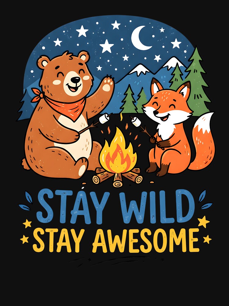 Stay Wild Stay Awesome Cute Bear Fox Campfire by Mr Lee