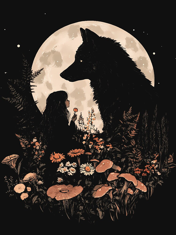 Dark Cottagecore Mushroom Girl And Wolf by ragillthiague