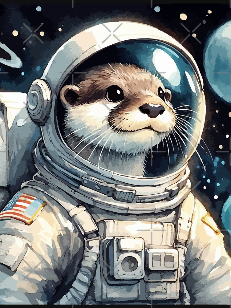 Otter Astronaut Space Planets Watercolor Painting by TomFrontierArt