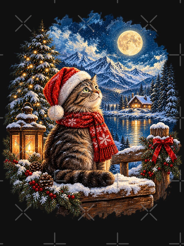 Magical Christmas Cat with Santa Hat, Full Moon and Snowy Mountain Winter Wonderland by SOUFIANE1991