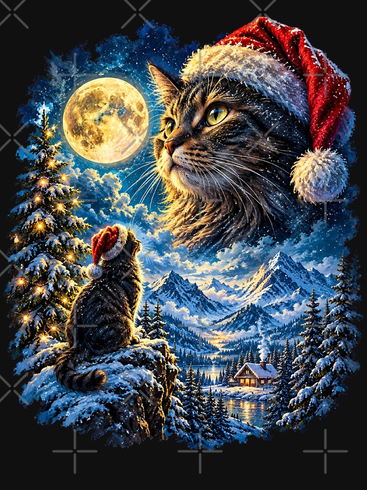 Magical Christmas Black Cat with Santa Hat, Full Moon and Snowy Mountain Winter Wonderland by SOUFIANE1991