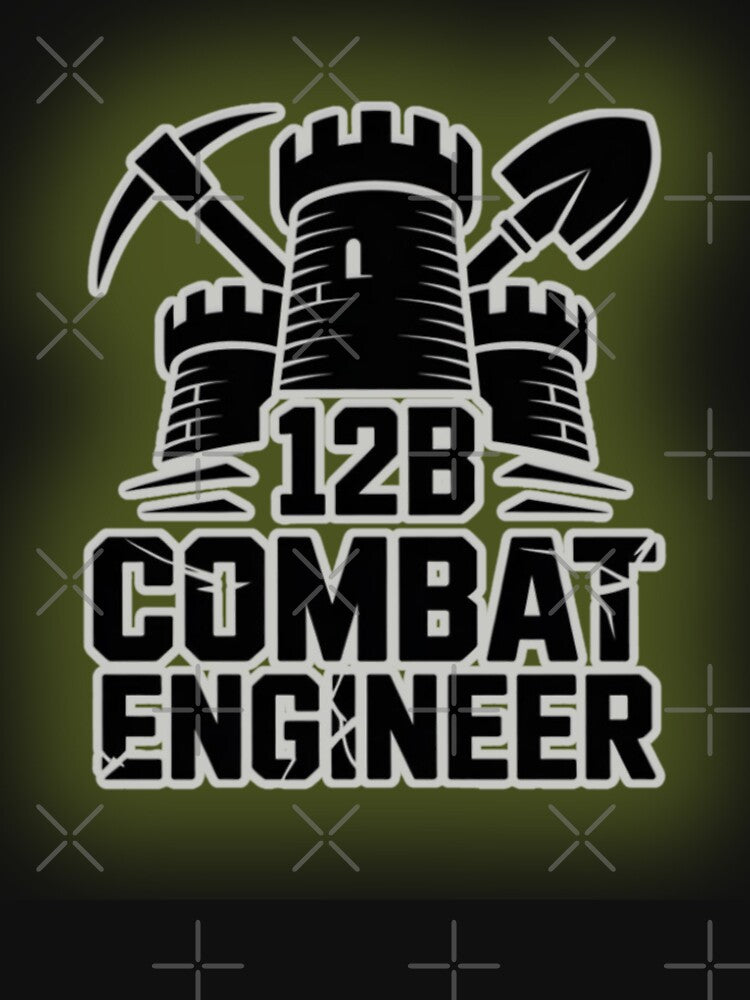 12B Combat Engineer — Classic Castle Tower Emblem with Shovel and Pickaxe U.S. Army MOS Graphic Green Glow White Outline by GFamilyC