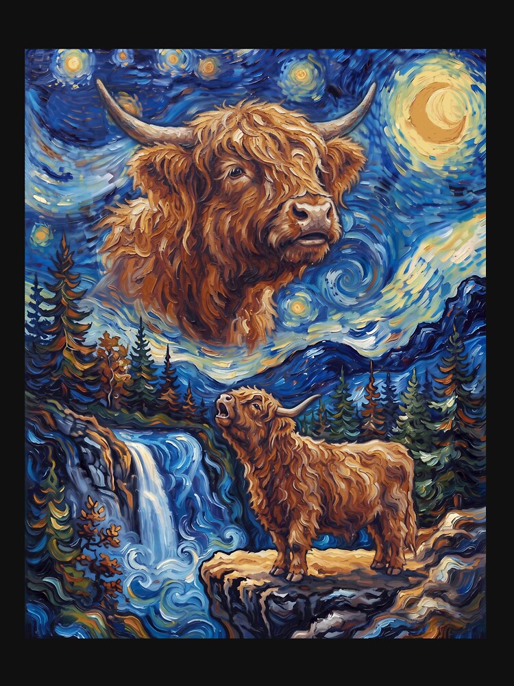 Highland Cow Howling Moon Starry Night Van Gogh Art Animal Lover by dian-rody-crest