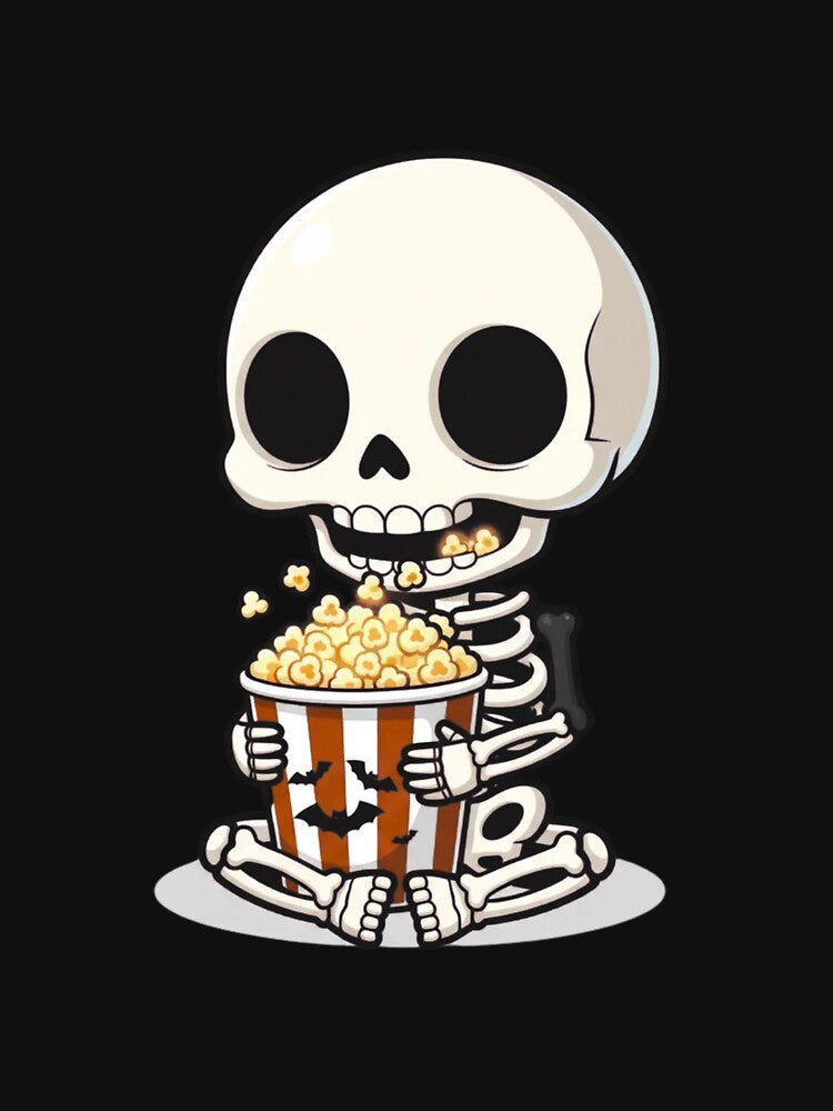 Chibi Skeleton Eating Popcorn | Funny Kawaii Halloween Design by ColorSplash123