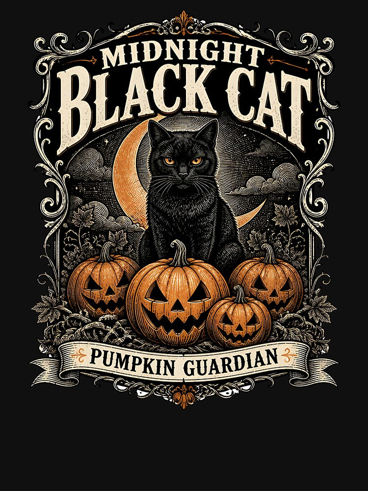 Midnight Black Cat Pumpkin Guardian Vintage Engraving by RoyesButler