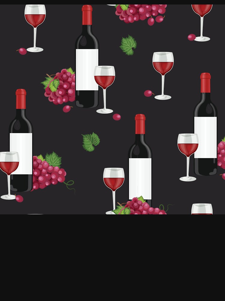 Grape bunch seamless pattern with red wine glasses and bottles on black by Huynhdesign