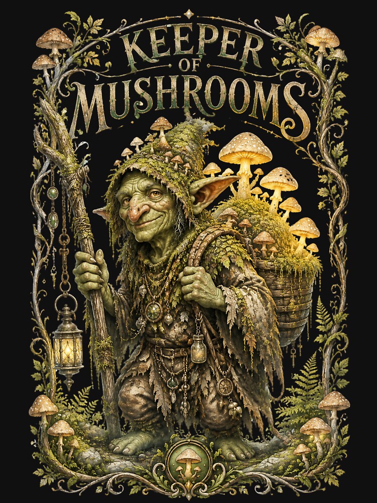 Keeper of Mushrooms Goblin T-Shirt – Mystical Fungi Forest Art by LintonGriffin