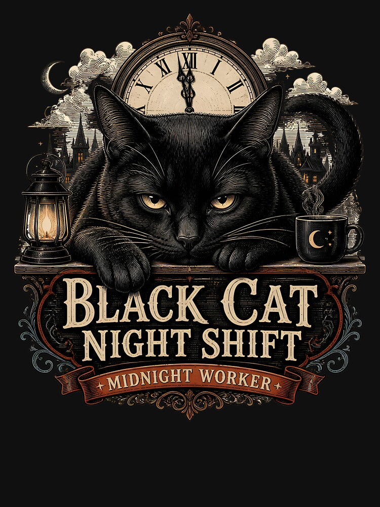 BLACK CAT NIGHT SHIFT Midnight Worker Halloween Gothic Engraving by LiviuGligoros