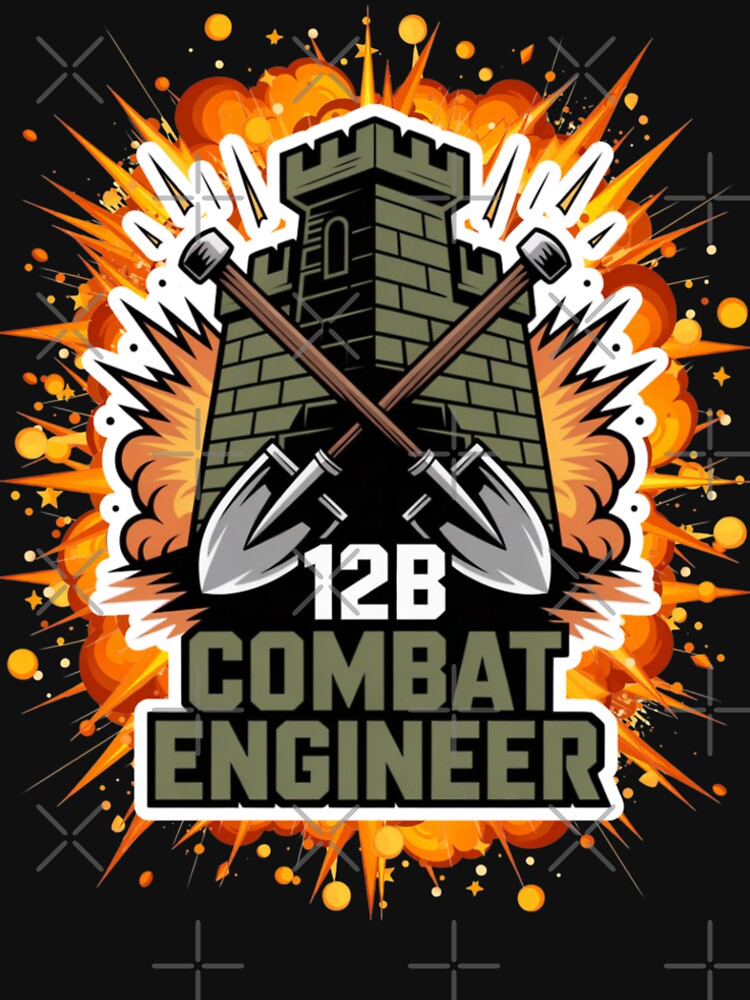 12B Combat Engineer — Castle Tower Emblem with Crossed Shovels and Massive Explosion Military MOS Graphic White Outline by GFamilyC