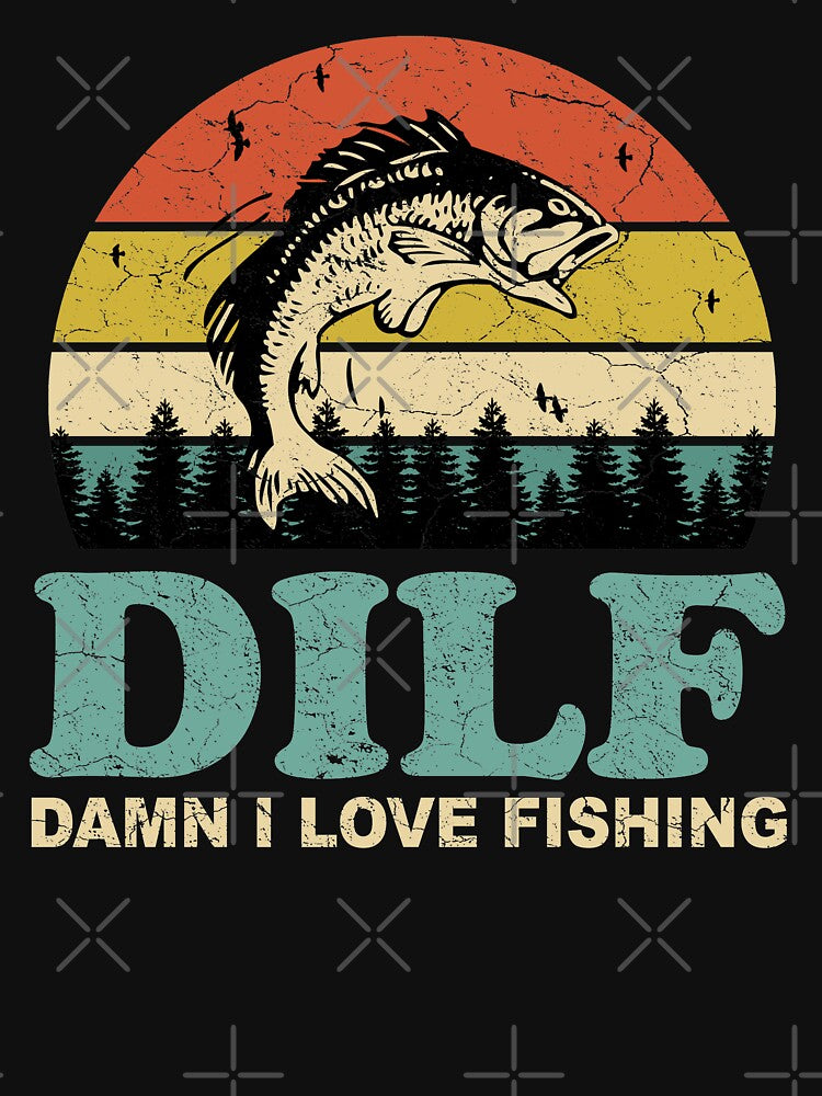 DILF Damn I Love Fishing Retro Vintage Sunset Funny Fishing Gift by EvengoDesign89