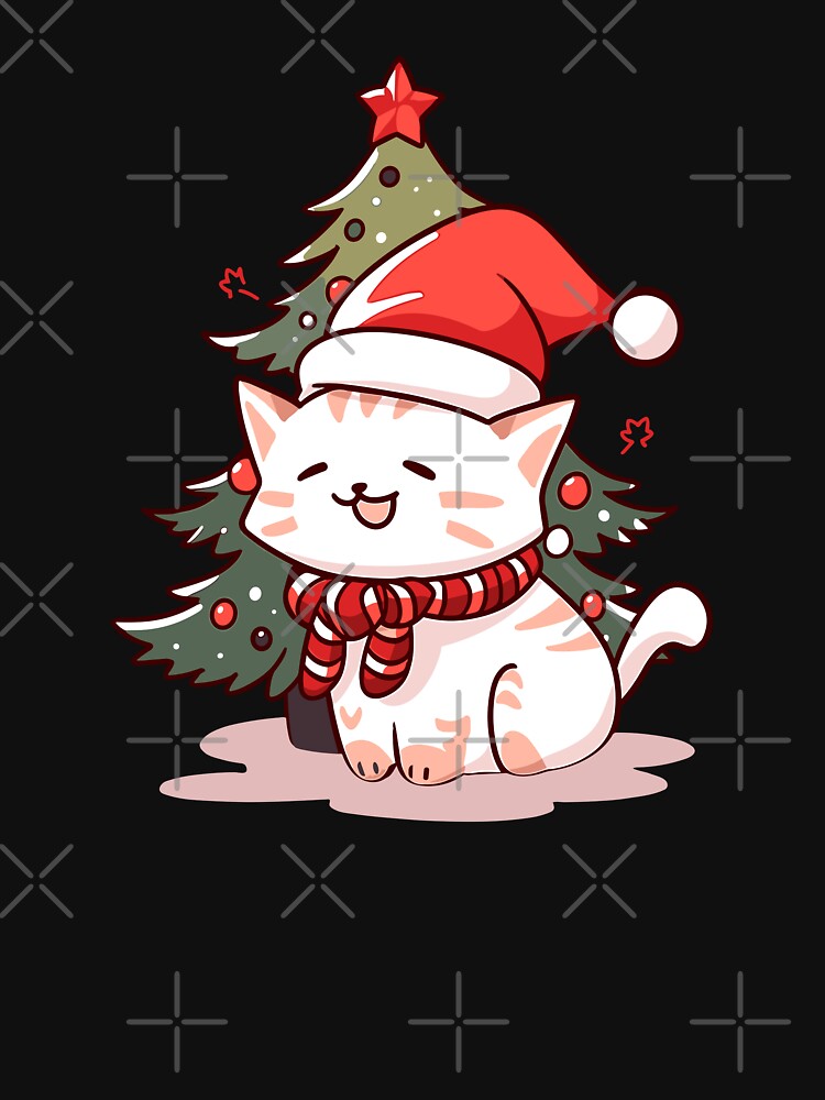 Cute cat wearing Santa hat near Christmas tree by Niktarka
