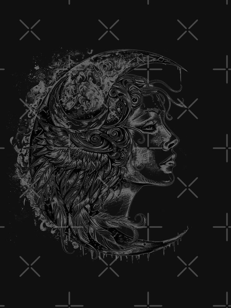 Moon Goddess Portrait – Celestial Crescent Moon Winged Woman Black and White Illustration by inkoutninja