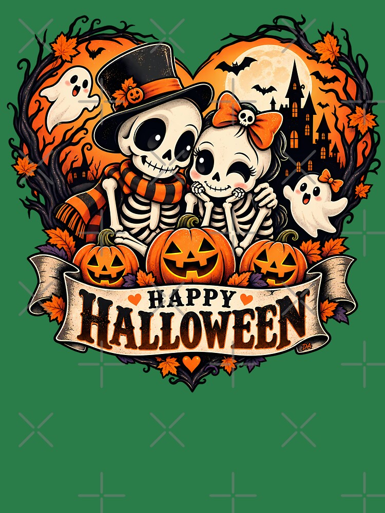 Happy Halloween Skeleton Couple Pumpkin Spooky Love T-Shirt by DesignArtist.ia