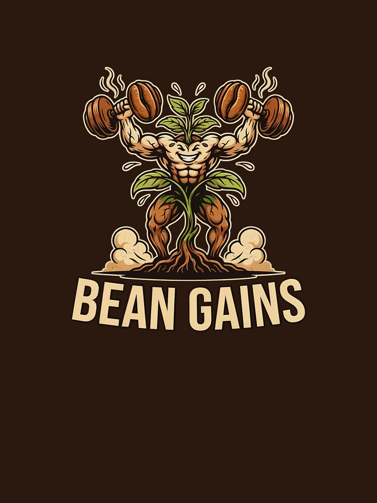 Bean Gains Funny Coffee Plant Gym Design – Strong Coffee Bean Workout Illustration by ArcticFoxStudio