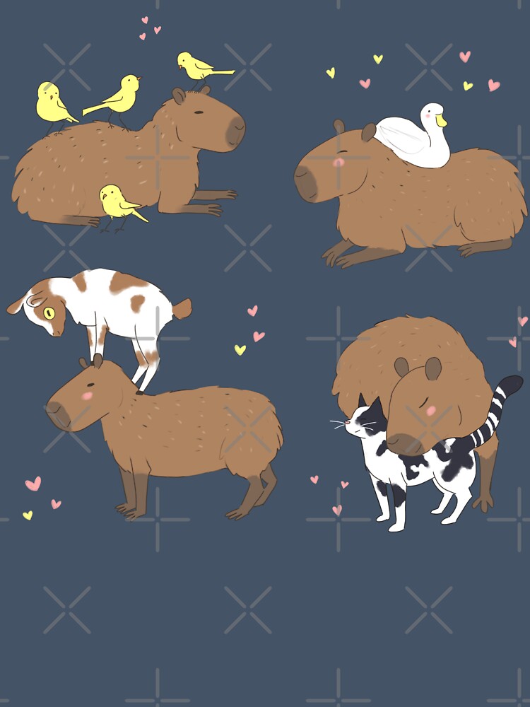 Pack of Cute nice capybara cartoon design with animal friends by Yarafantasyart