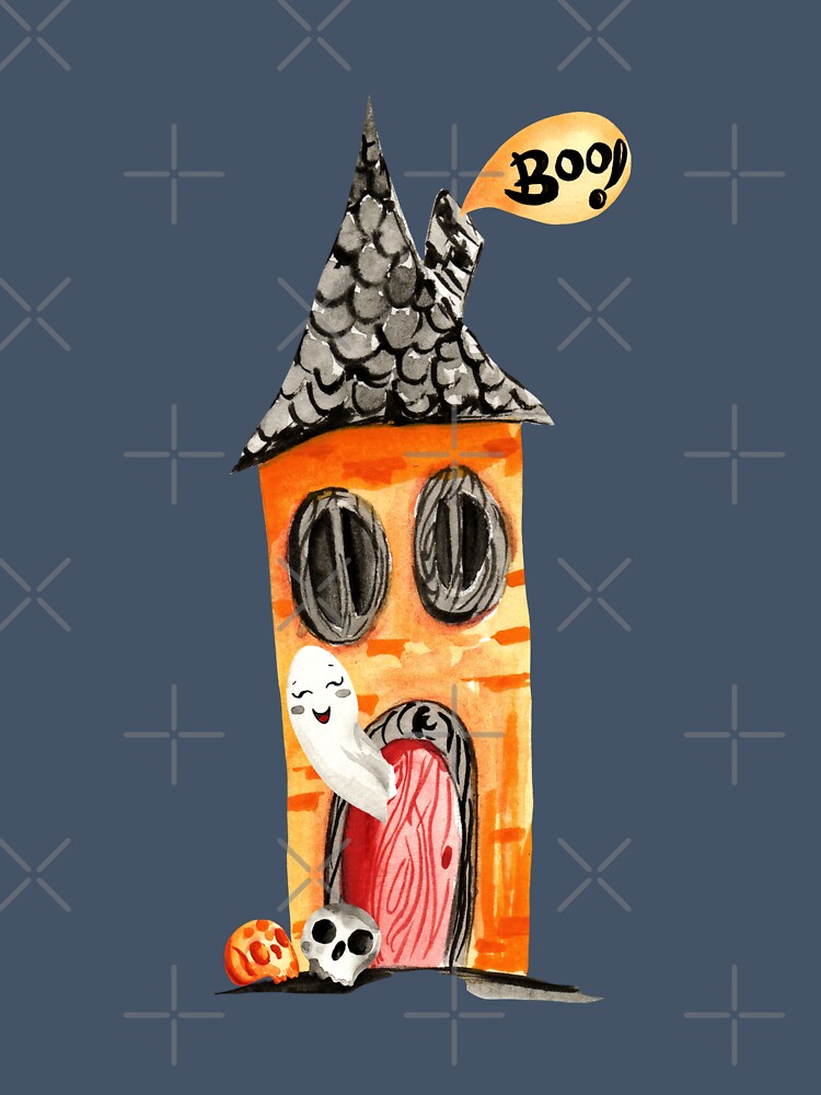 BOO! halloween haunted house and cute ghost by pinkyfish1010