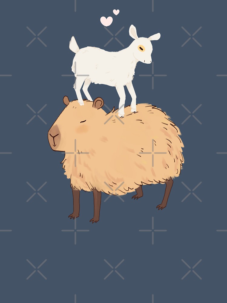 Capybara with a baby goat friend standing on its head - a cute cartoon capybara illustration pink version by Yarafantasyart
