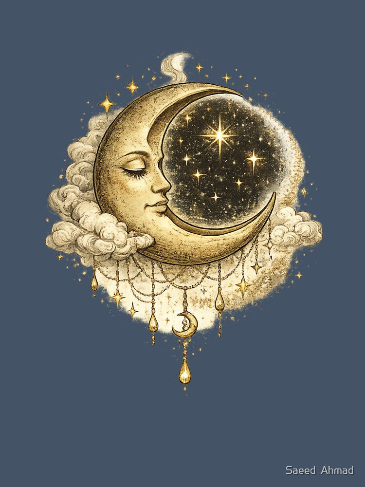 Vintage Moon and Stars Celestial Illustration | Boho Crescent Moon Cosmic by Saeed  Ahmad