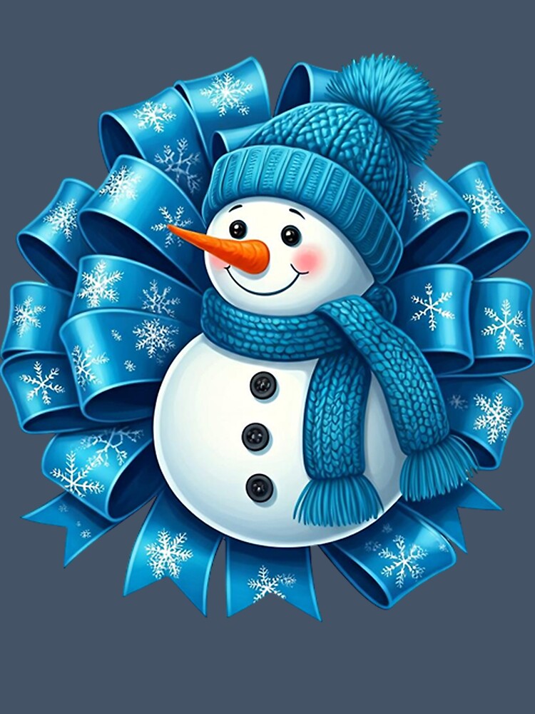 Cheerful Blue Snowman Illustration with Decorative Snowflake Bow | Festive Winter Holiday Art by PixelVibe782