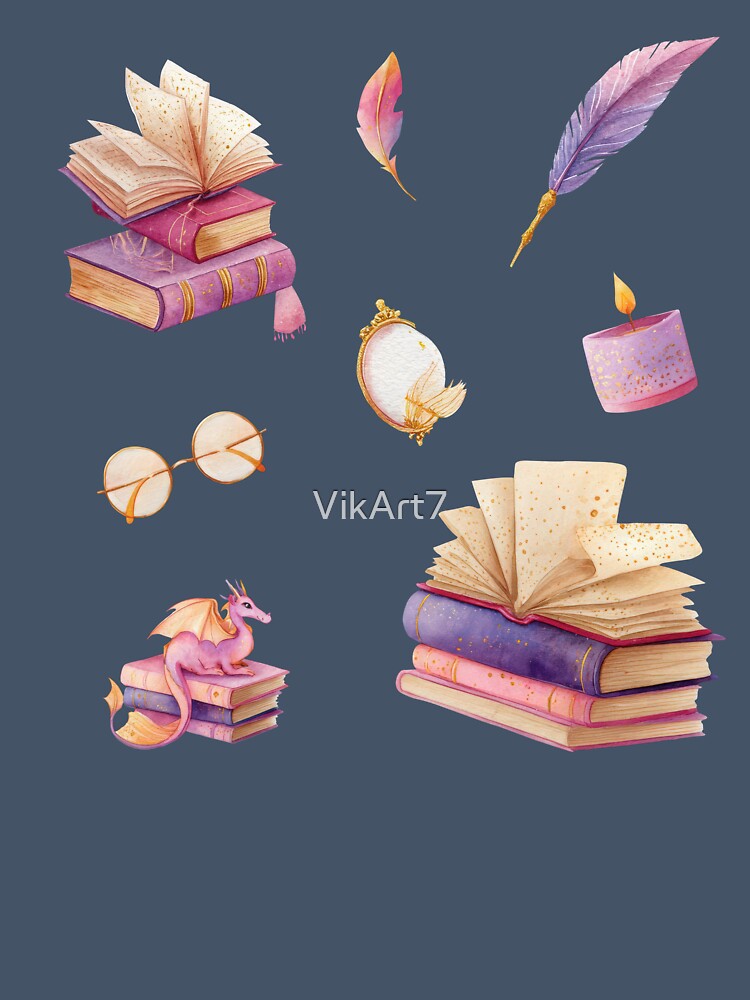 Bookish Magic — Pastel Watercolor Books & Dragon by VikArt7