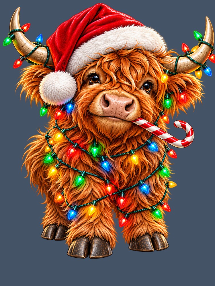 Cute Highland Cow Christmas Lights – Christmas Cow T-Shirt by LST-Designs