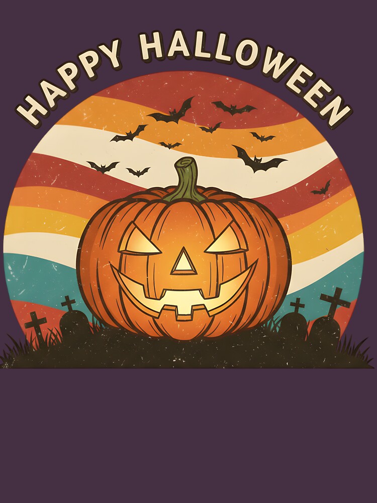 Retro Halloween Pumpkin – Vintage Jack O’Lantern with Bats and Graveyard Design by LinLuckStudio