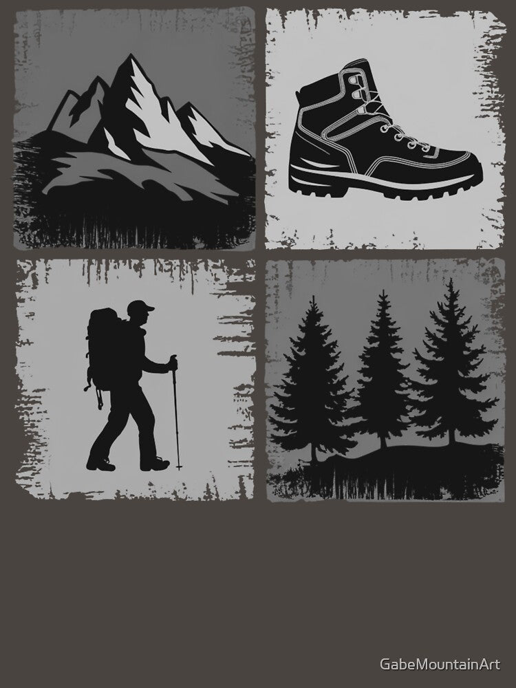 Hiking Icons Grid – Mountains, Boot, Hiker & Trees Monochrome Design by Gabe1983
