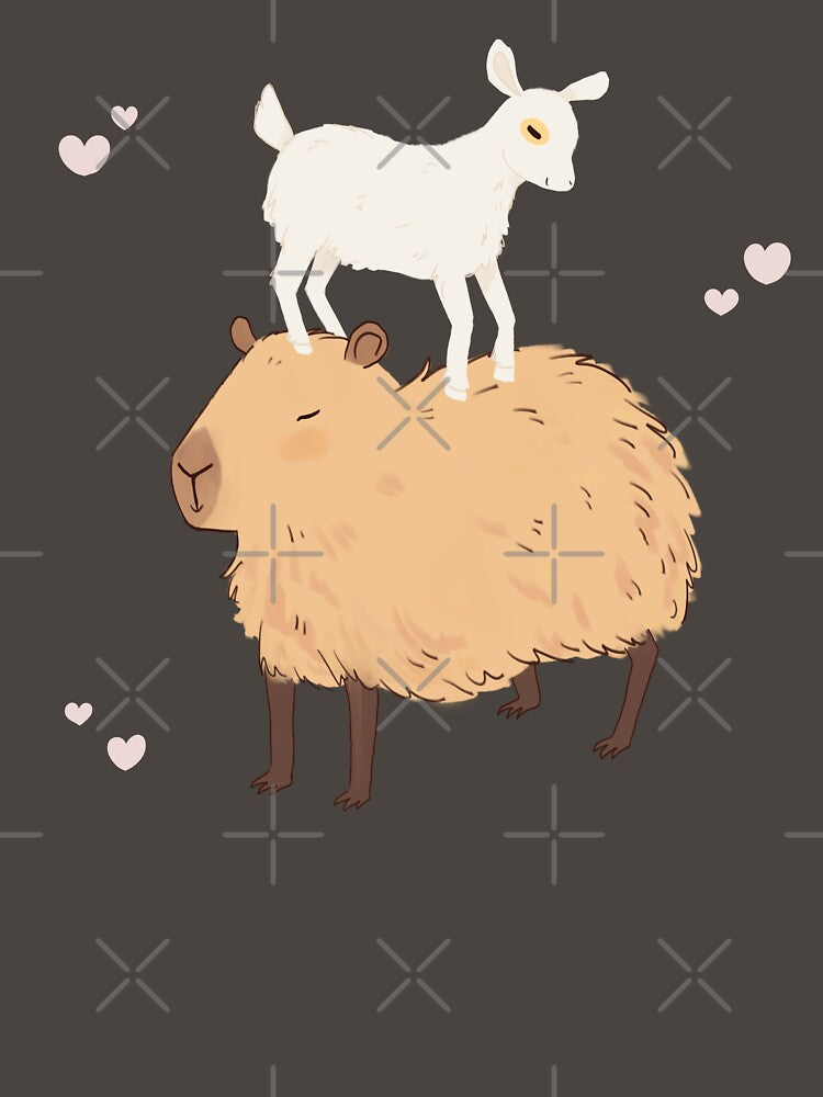 Capybara with a baby goat friend standing on its head - a cute cartoon capybara illustration chilling by Yarafantasyart
