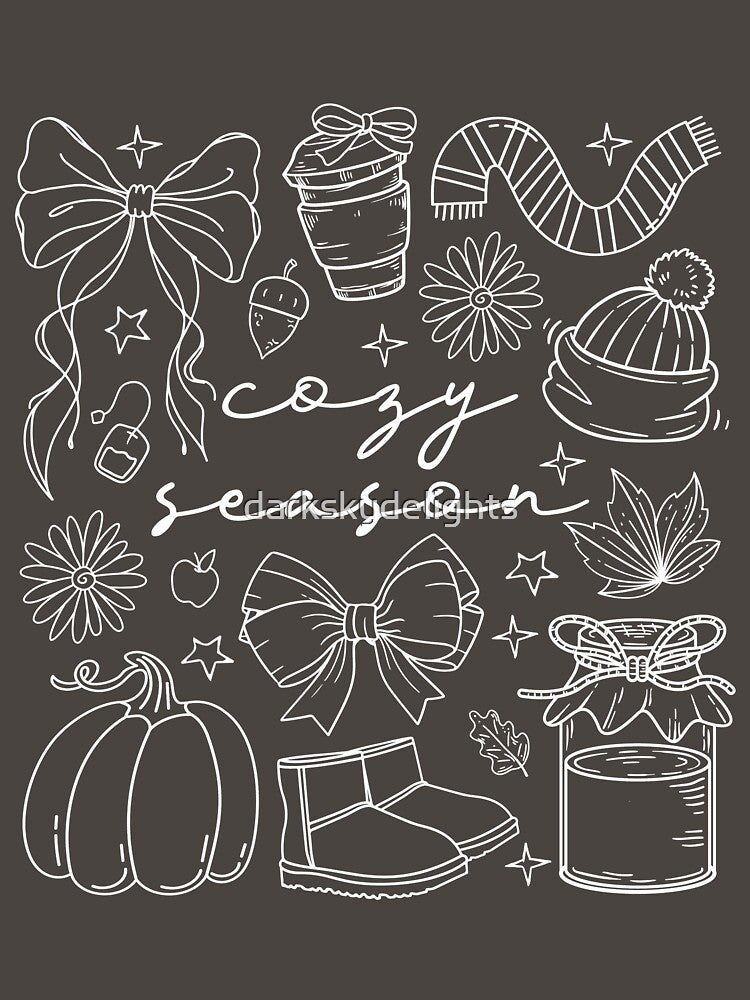 Cozy Season Fall Aesthetic – Cute Autumn Bows, Pumpkin & Coffee Line Art by darkskydelights