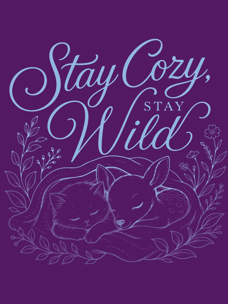 Stay Cozy Stay Wild Cute Sleeping Kitten Fawn Pastel Blue Floral Line Art by Modern Antique Atelier