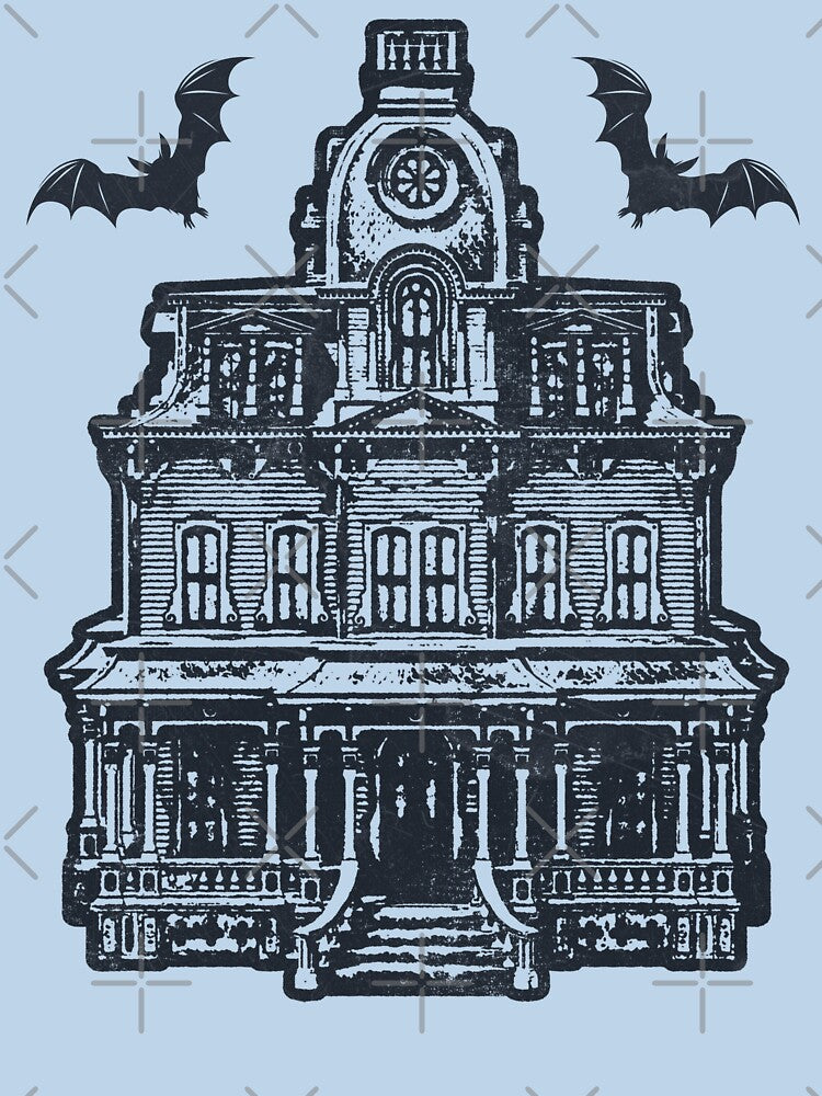 Haunted Victorian Mansion Bats Gothic House Woodcut Blue by Ghoul Enterprises