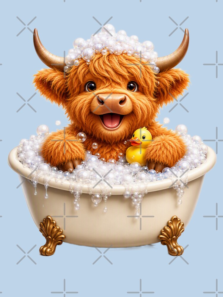 Cute Scottish Highland Cow in Bubble Bath with Rubber Duck by MaedK