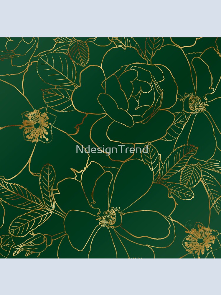 Elegant Green Gold Roses Floral Line Drawing by NdesignTrend