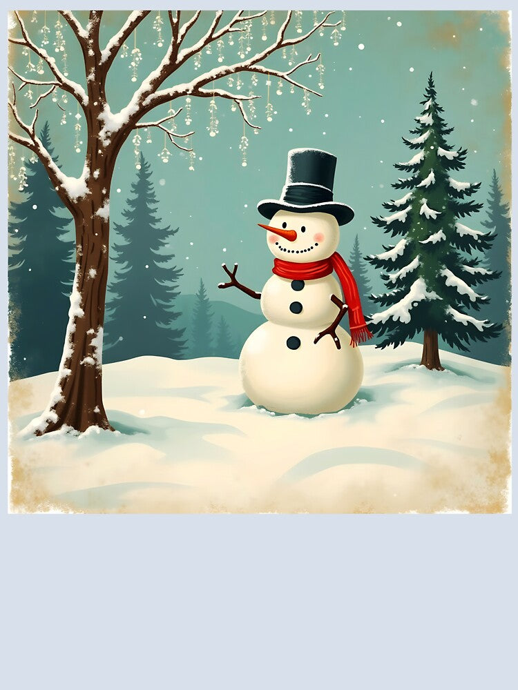 Vintage Snowman next to a pine tree by EmeraldeaDesign