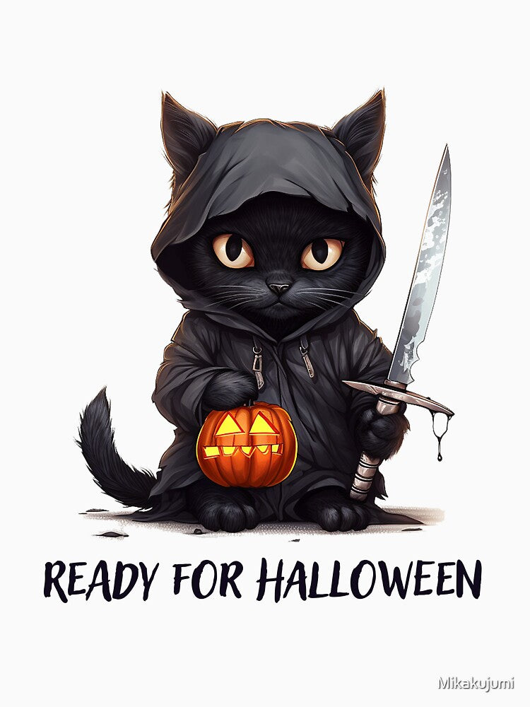Halloween black cat ready for Halloween with text by Mikakujumi