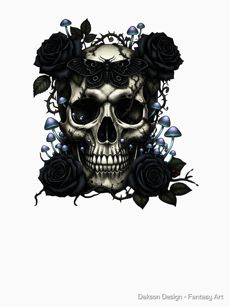 Gothic Skull with Black Roses, Moth & Mushrooms by Dakson Design - Fantasy Art
