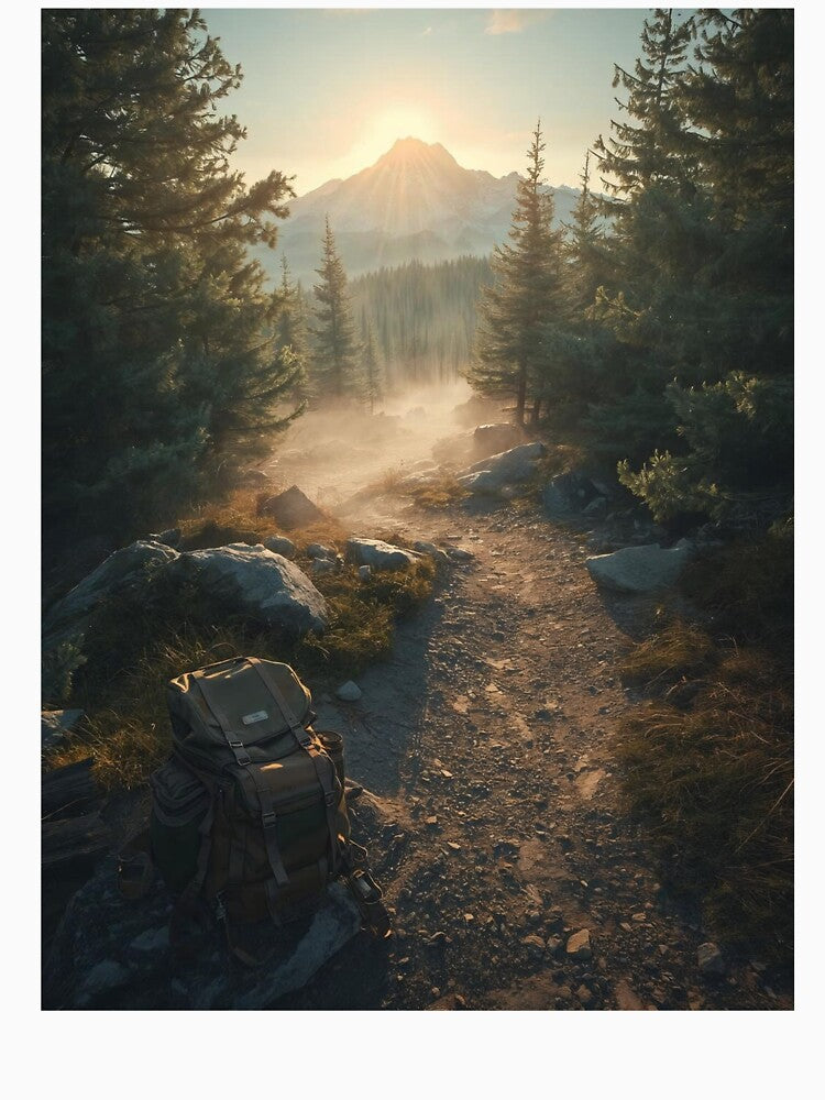 Hiking Trail Sunrise Mountain Backpack T-Shirt | Adventurous Nature Art by Falconwolf