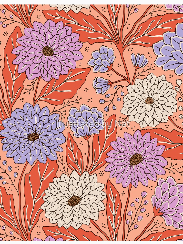 Dahlia garden in salmon red by Illustrated by Nat