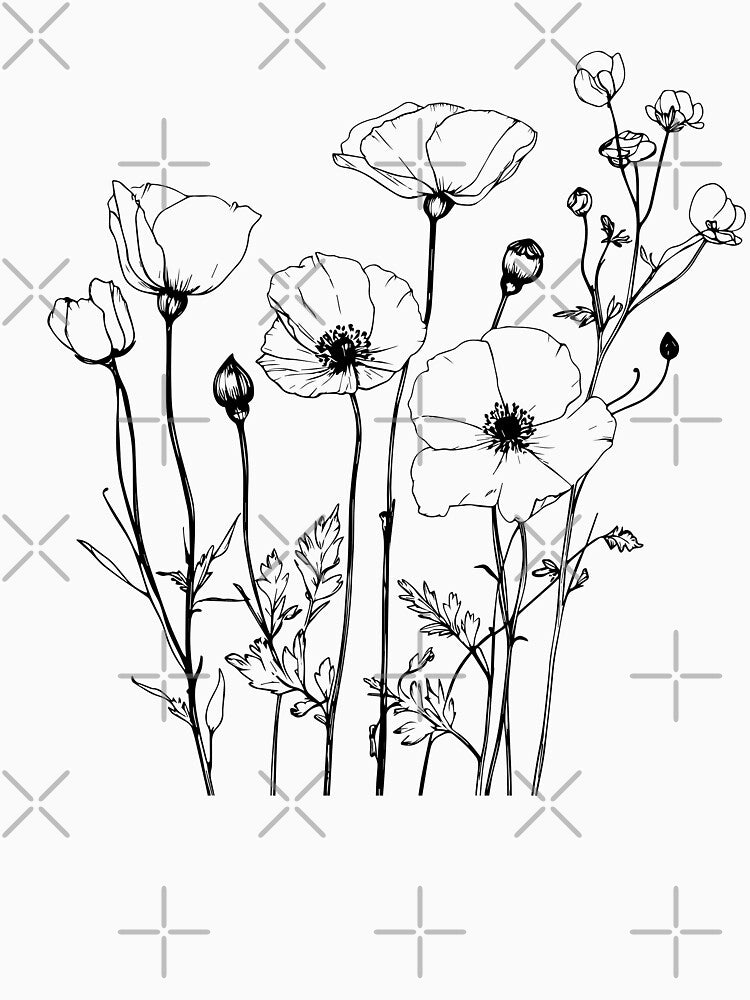 Minimalist line art of delicate wildflowers with thin black outlines on a white background by NataliArt66