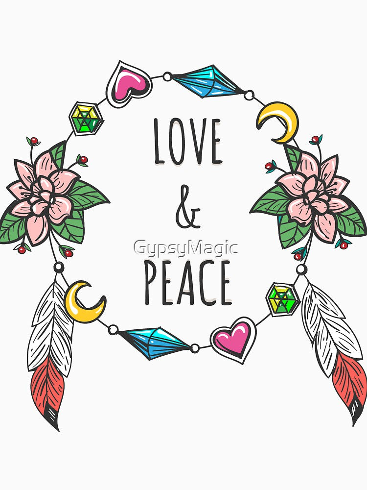 Love and peace Sign Boho Style with Pink Flowers and Moon by GypsyMagic