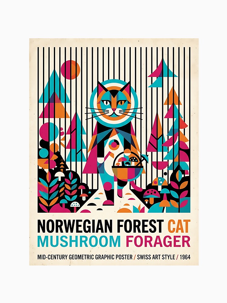 Norwegian Forest Cat Mushroom Forager - Mid Century Modern Pet Poster by PictoVibe