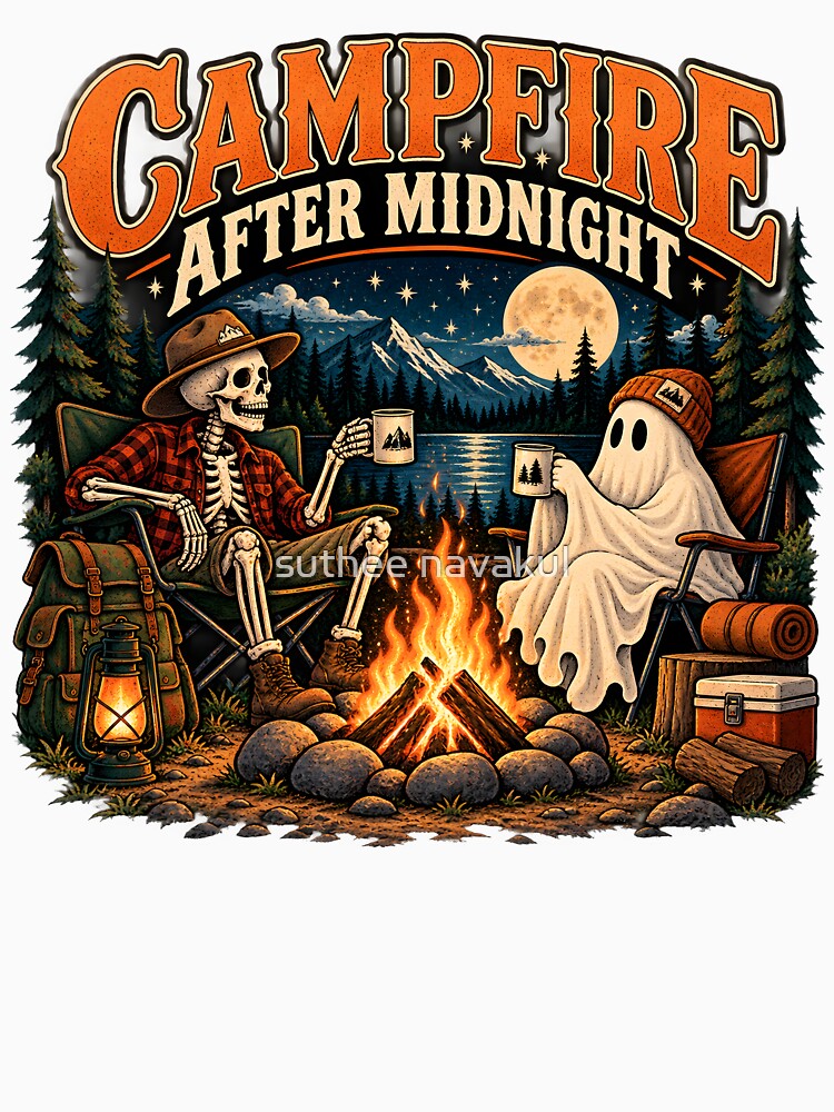 Campfire After Midnight Skeleton Ghost Retro Halloween Camping by suthee navakul