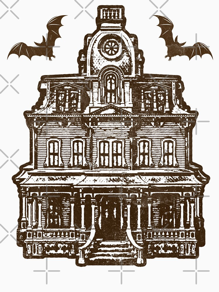 Haunted Victorian Mansion Bats Gothic House Woodcut Orange by Ghoul Enterprises