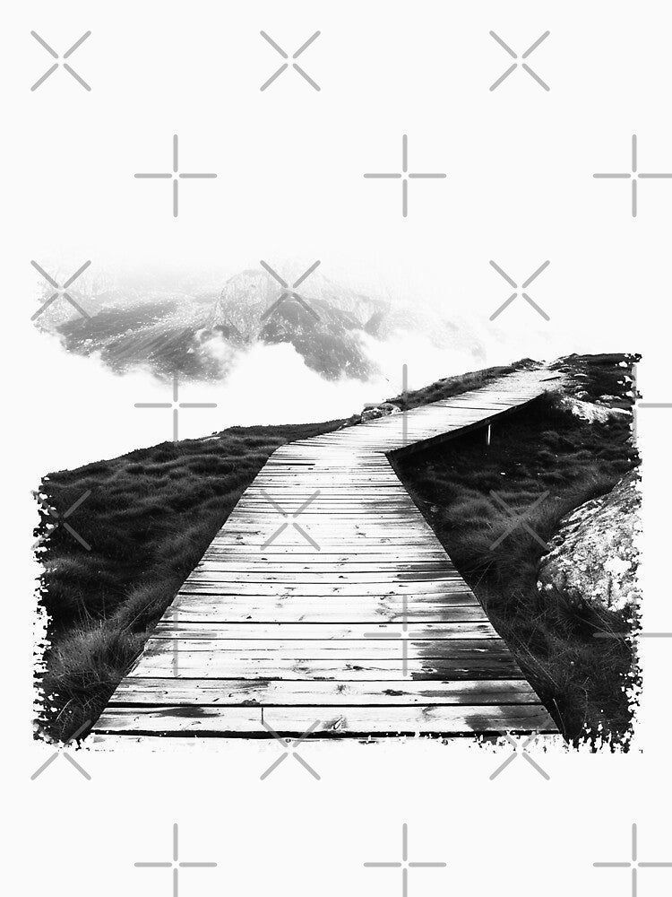 Black and White Mountain Boardwalk – Minimalist Foggy Hiking Landscape Photo by inkoutninja