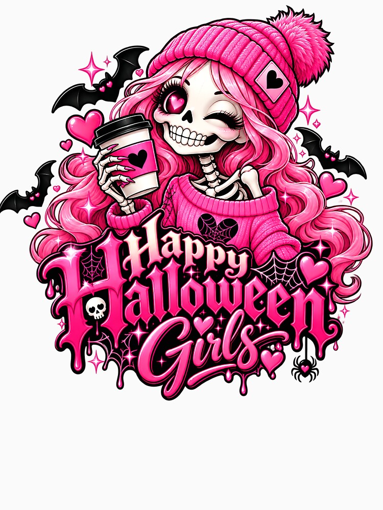Happy Halloween Girls – Pink Gothic Skeleton Coffee Design by IMuDesigner
