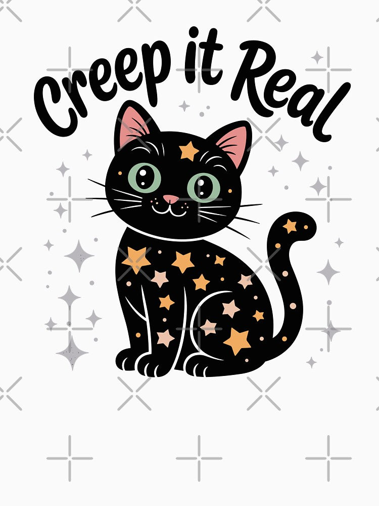 Creep It Real Cute Black Cat Halloween Design | Spooky Aesthetic Starry Cat Art by HahaHandlesHub