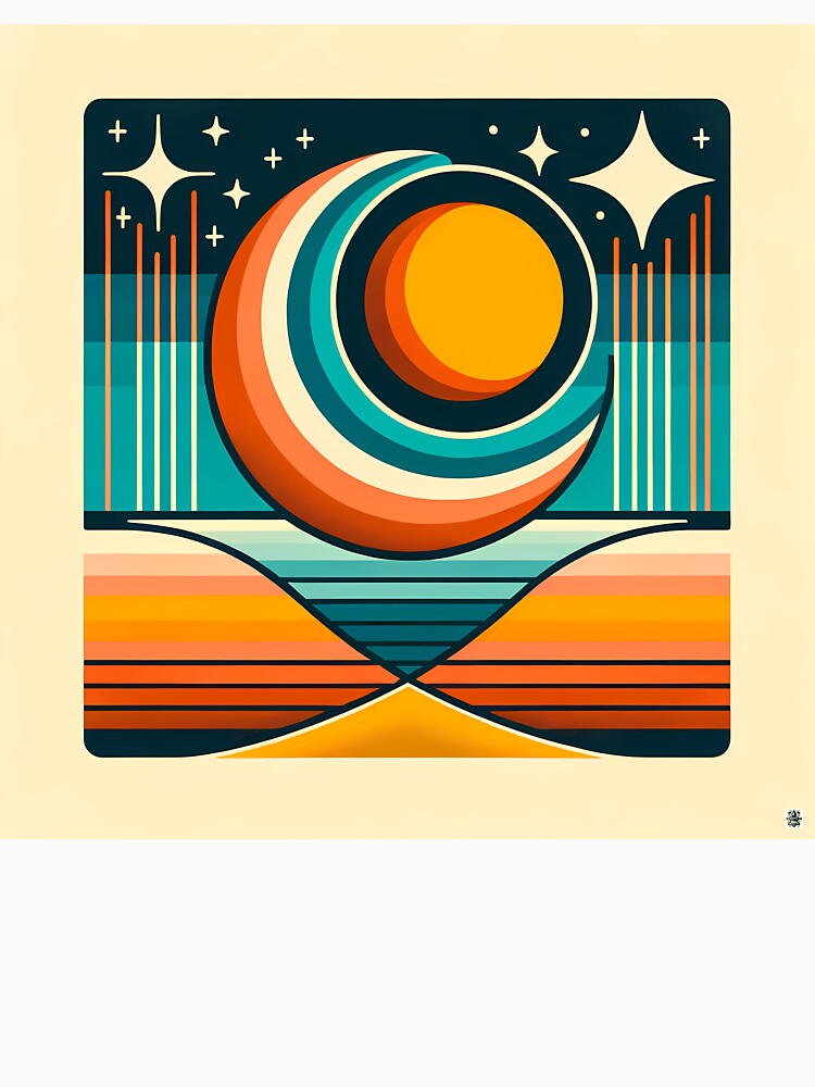 Geometric Sun Moon Over Striped Horizon by InkSmithery