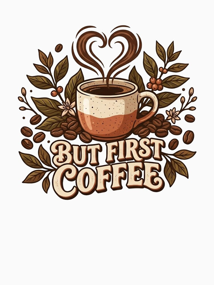 But First Coffee — Vintage Botanical Coffee Cup Heart Steam Floral Graphic Tee by HobsS