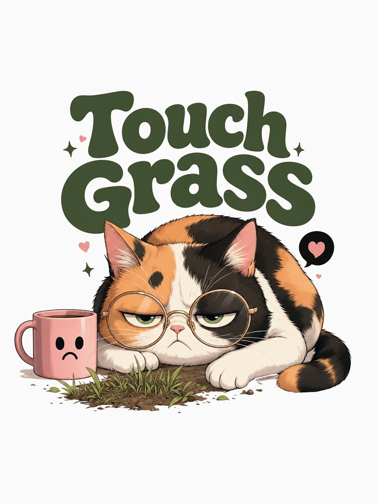 Touch Grass Sarcastic Kawaii Cat Sticker | Black Glasses by Ashley critters